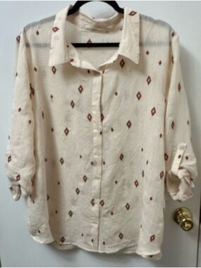 Cream Button-Down Blouse with Rust Diamond Print paired with matching pants